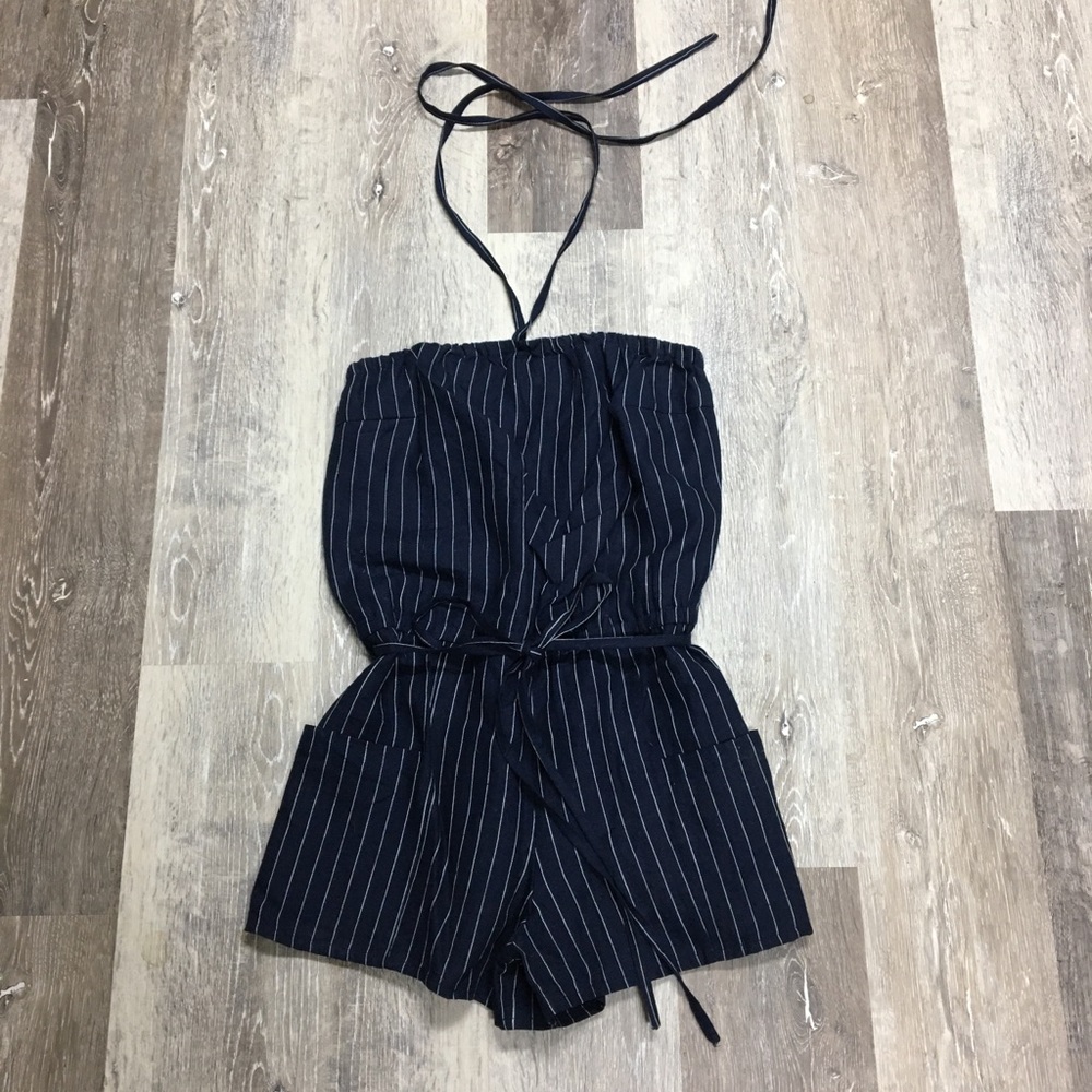 ModCloth navy pinstriped romper, size S.